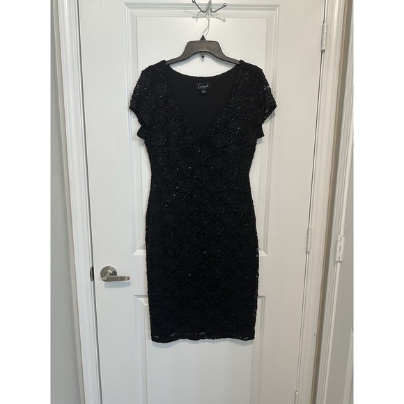 Connected Apparel Black Sequin Lace Cocktail Dress 14 V Neck  Holiday NYE Party - Picture 1 of 5